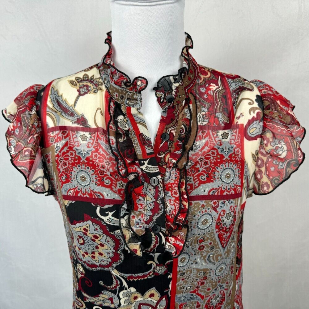Iz Byer Blouse Sz M Black Multicolor Split Buttoned Neck Short Sleeve with Cami - Picture 3 of 8